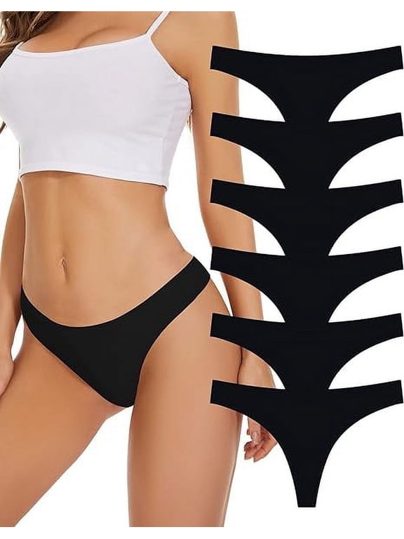 Low Rise Nylon Thongs for Women,No Show Thongs Stretch Thong Panties Underwear,6 Packs Black