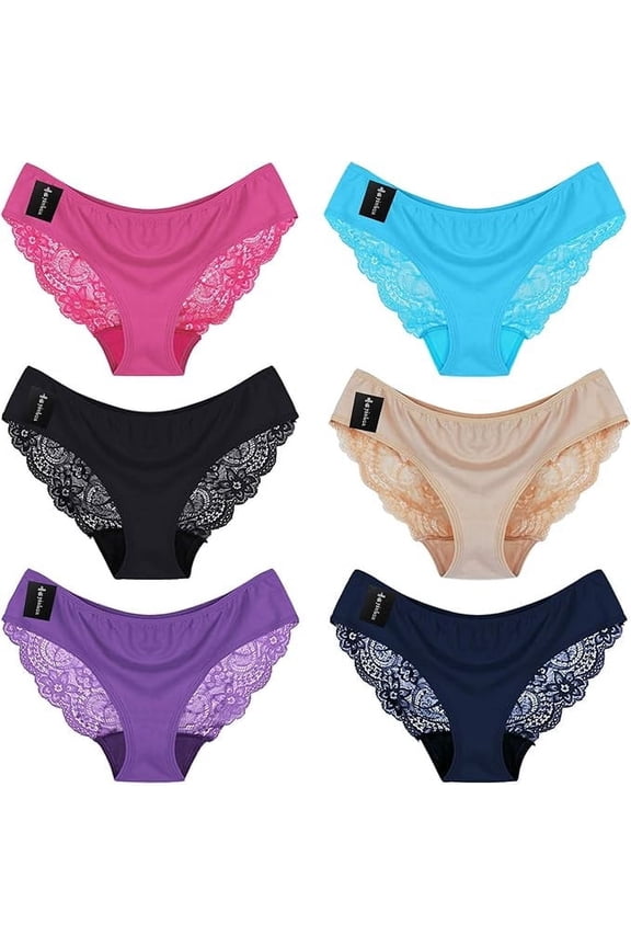 Sexy Lace Underwear for Women, Invisible Seamless Cotton Panties for Women, Half Back Coverage Womens Panties Bikini, 6Pack