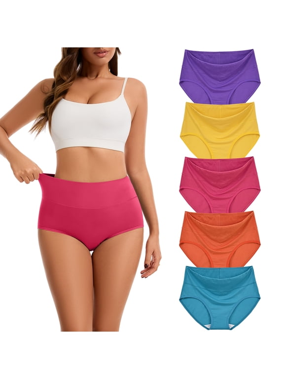 5 Packs Plus Size High Waisted Cotton Women's Underwear,Full Coverage Tummy Control Panties Briefs