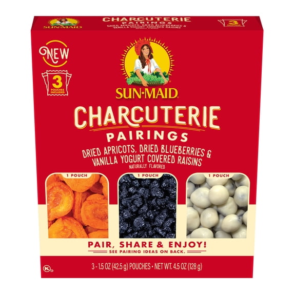 Sun-Maid Charcuterie Pairings Dried Apricots, Dried Blueberries & Vanilla Yogurt Covered Raisins, 4.5 oz