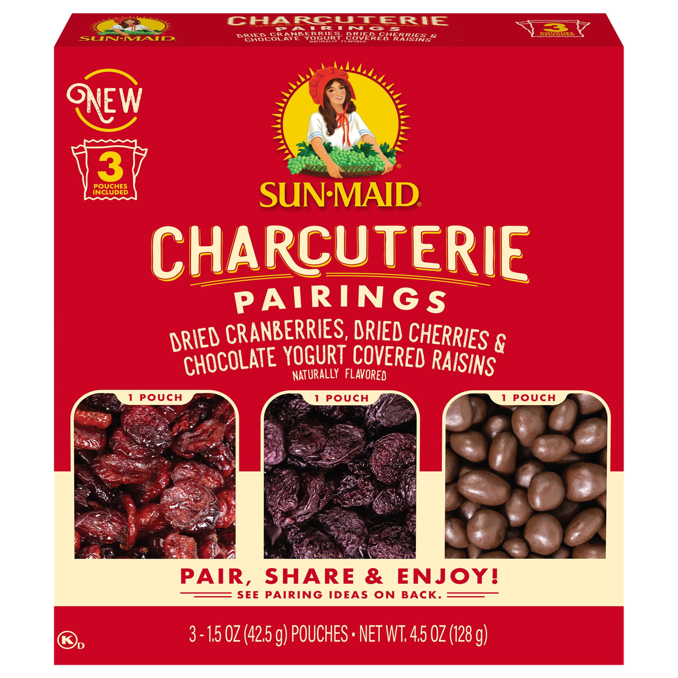 Sun-Maid® Charcuterie Pairings Dried Cranberries, Dried Cherries & Chocolate Yogurt Covered Raisins 3-Pack/1.5oz Pouch