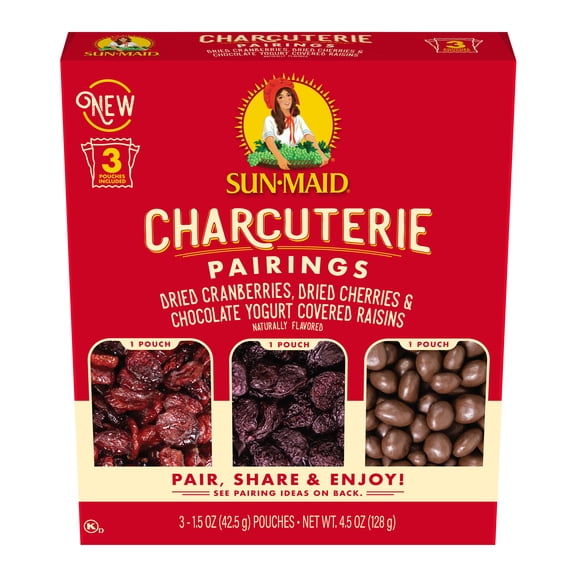 Sun-Maid Charcuterie Pairings Dried Cranberries, Dried Cherries, and Chocolate Yogurt Covered Raisins, 4.5 oz