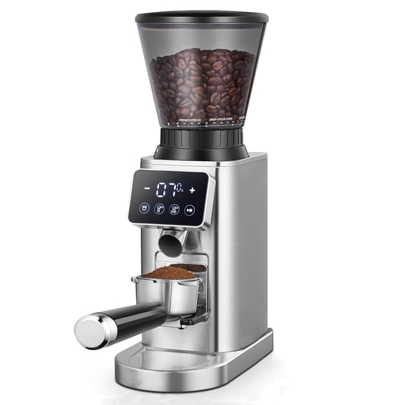 Sunmaki Electric Burr Coffee Grinder, 24 Grind Settings, LED Control Panel, Anti-Static Design, Silver