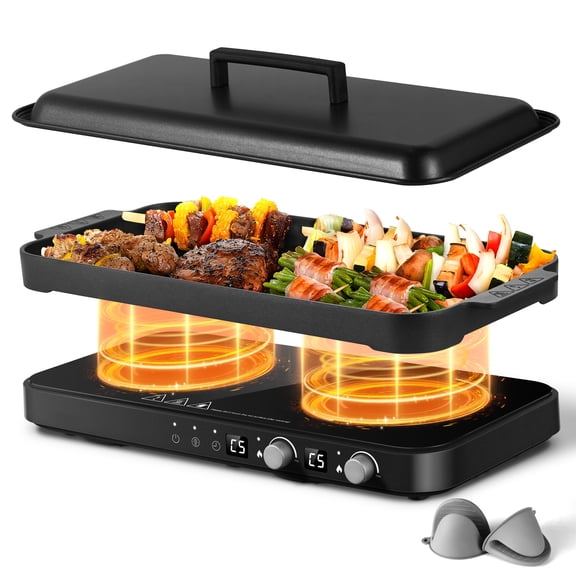 Sunmaki Portable Double Induction Cooktop with Removable Griddle Pan Non-stick, 1800W 2 burner Induction Hot Plate With Sensor Touch 9 Power Levels, 99 Min Timer,Great for Family Party
