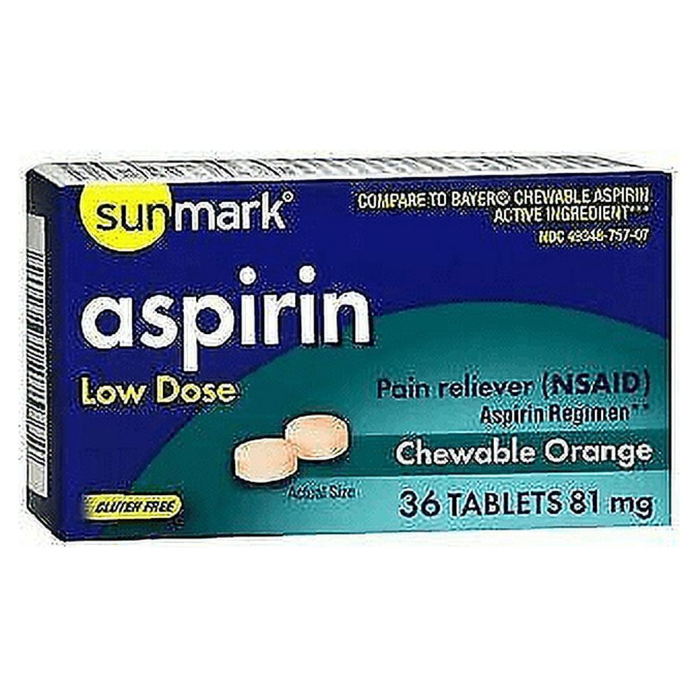 Sunmark Aspirin Pain Relief Regimen Low Dose, Chewable Orange, 36ct, 5