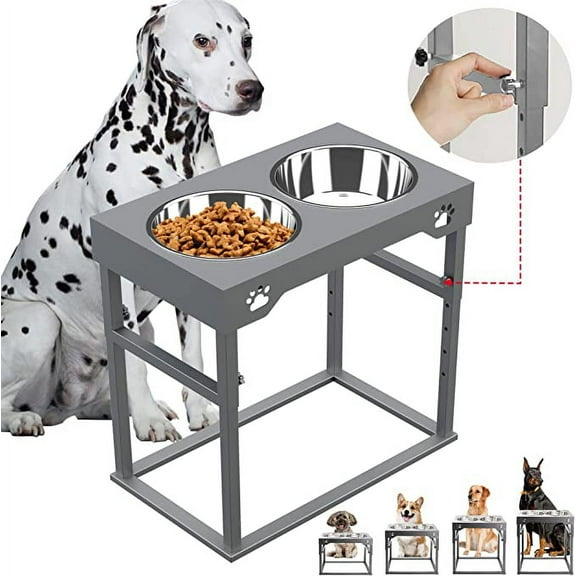 Sunmeyke Stainless Steel Elevated Dog Bowls Stand, Adjustable Raised Dog Bowl for Medium, Large Sized Dogs, with 4L(135 OZ/17 CUPS)Perfect Dog Food Bowls, 5 Neater Heights