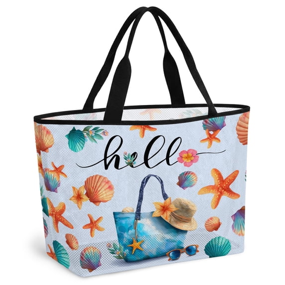 Sunmmer Beach Beach Bag for Women, Large Breathable Mesh Beach Tote Bag, Nautical Starfish Shells Bags Floral Watercolor Sandproof Lightweight Travel Bags for Vacation Picnic Swimming Pool