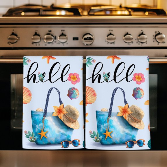 Sunmmer Beach Kitchen Towels Set of 4, Nautical Starfish Shells Bags Floral Watercolor Absorbent Dish Towels for Kitchen, Microfiber Hand Towel, Quick Drying Tea Towel for Cleaning Dishcloths