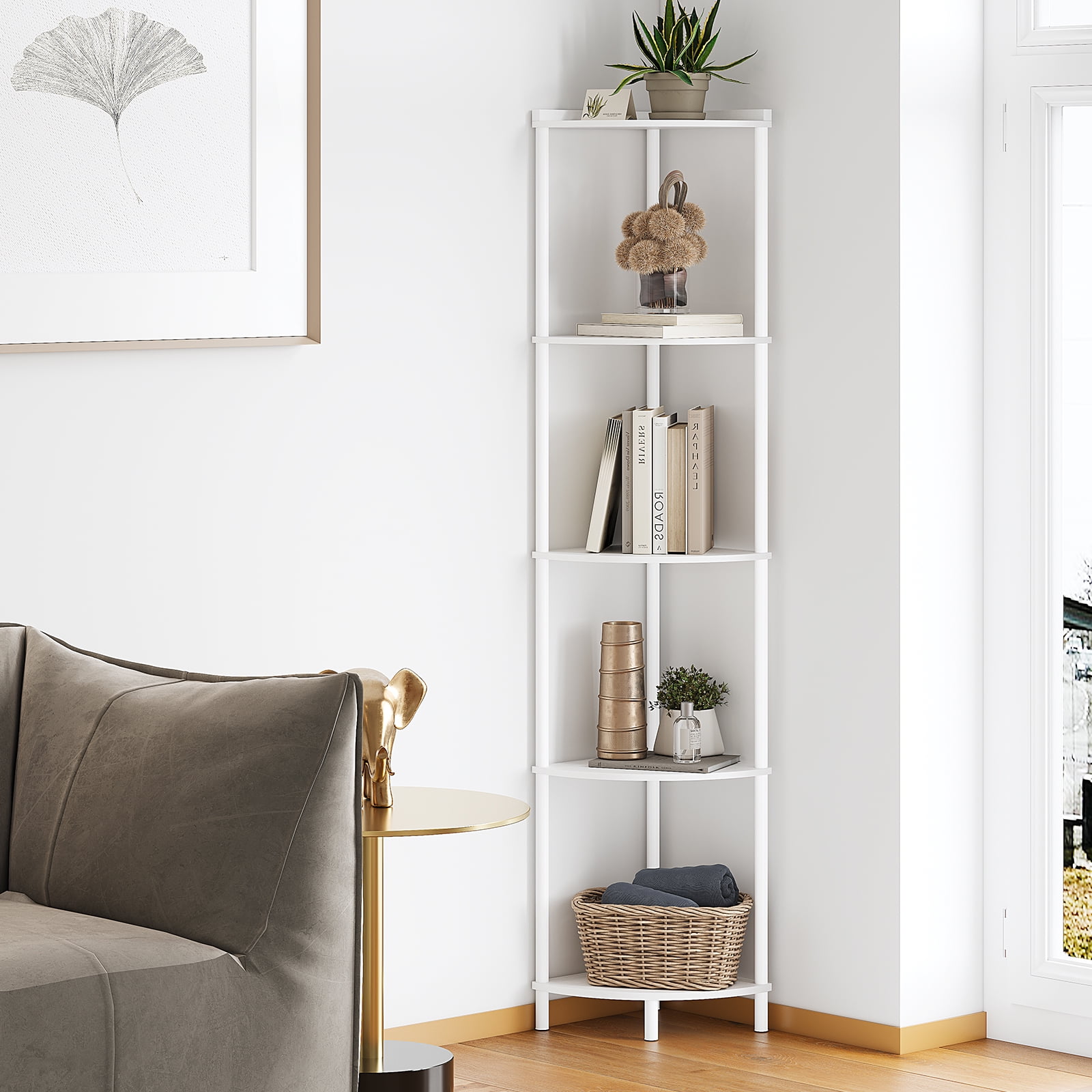 SUNMORY 65" Corner Shelf Stand, 5-Tier Industrial Corner Shelves, Wall Corner Bookshelf, Display Shelf Tall Shelf Plant Stand for Bedroom, Bathroom, Living Room, Corridor
