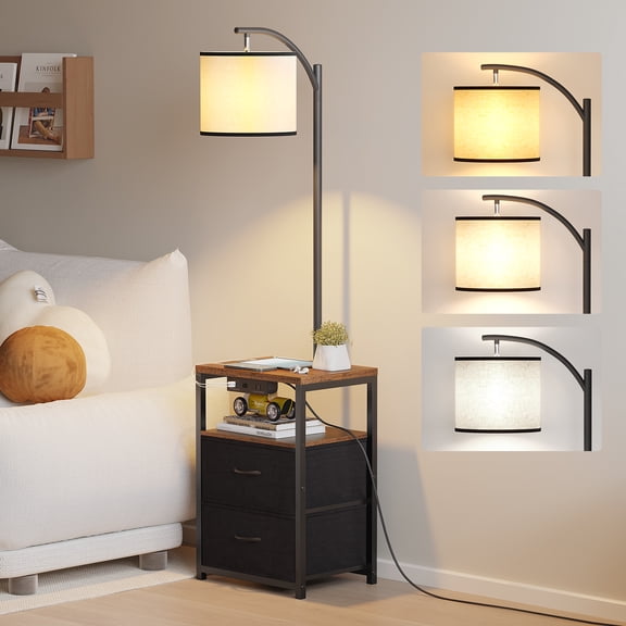 Sunmory 62" Modern USB Ports Walnut Floor Lamp with Fabric Shade