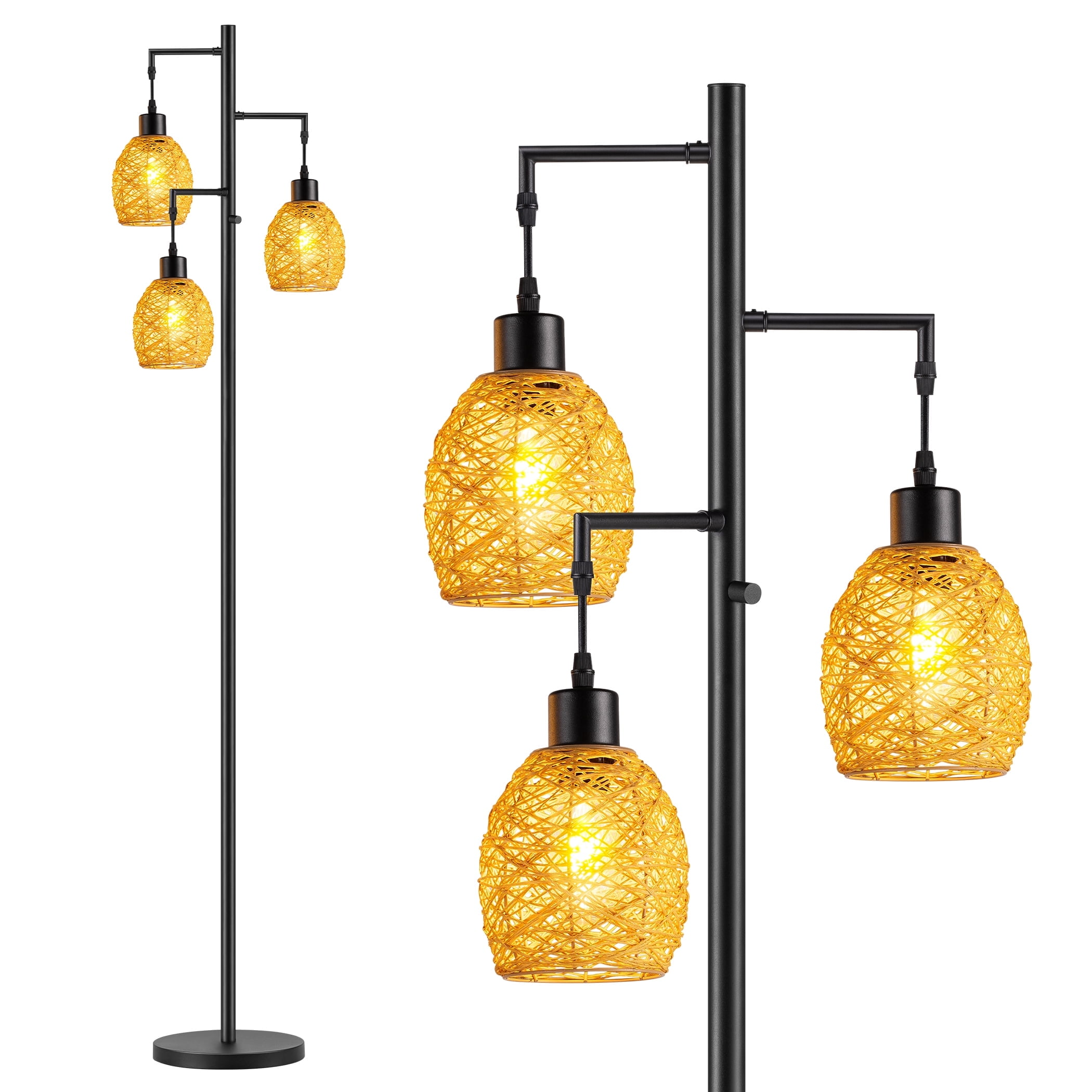 Sunmory 68.5" 3-Light Industrial Dimmable Black Floor Lamp with Rattan Drum Shades