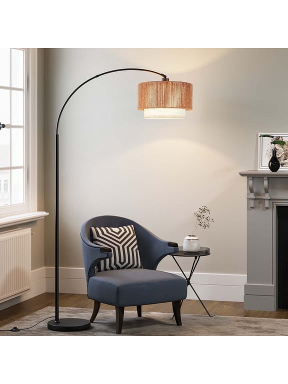 Floor Lamps for Living Room with 12W LED Bulb, Arc Floor Lamp with 3 Color Temperatures, Farmhouse Floor Lamps with Adjustable Rattan & Fabric Shades, Boho Standing Lamp for Bedroom, Corner