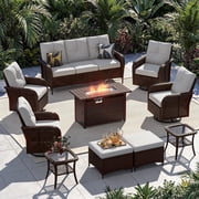 Sunmthink 10-Piece Patio Furniture Set, High Back Swivel Rocker Chairs with Thick Cushions, Wicker Rattan Outdoor Sectional Sofa with Fire Pit & Ottoman, Beige