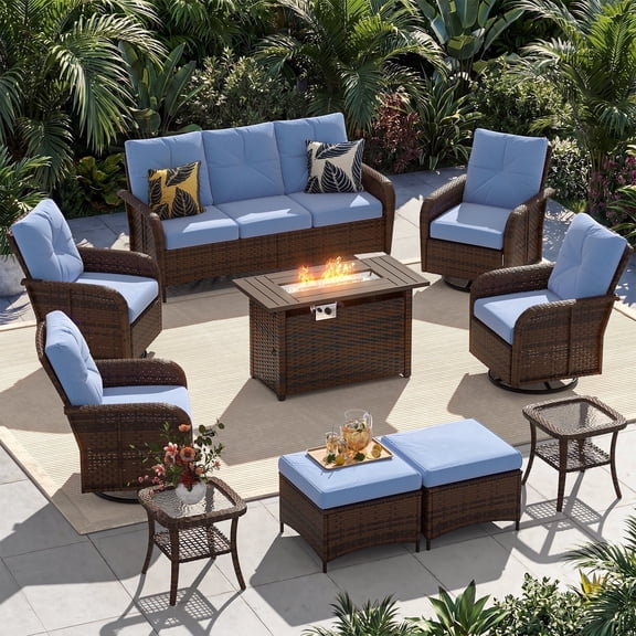 Sunmthink 10-Piece Patio Furniture Set, High Back Swivel Rocker Chairs with Thick Cushions, Wicker Rattan Outdoor Sectional Sofa with Fire Pit & Ottoman, Blue