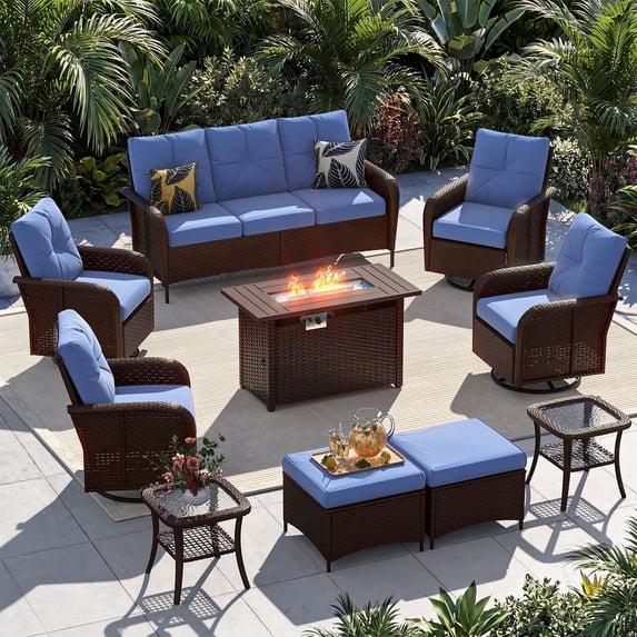 Sunmthink 10-Piece Patio Furniture Set, High Back Swivel Rocker Chairs with Thick Cushions, Wicker Rattan Outdoor Sectional Sofa with Fire Pit & Ottoman, Blue