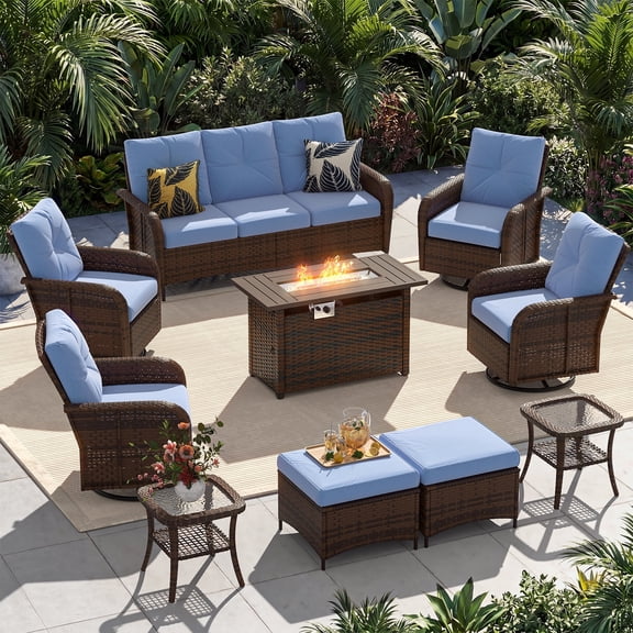 Sunmthink 10-Piece Patio Furniture Set, High Back Swivel Rocker Chairs with Thick Cushions, Wicker Rattan Outdoor Sectional Sofa with Fire Pit & Ottoman, Blue