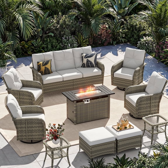 Sunmthink 10-Piece Patio Furniture Set, High Back Swivel Rocker Chairs with Thick Cushions, Wicker Rattan Outdoor Sectional Sofa with Fire Pit & Ottoman, Gray
