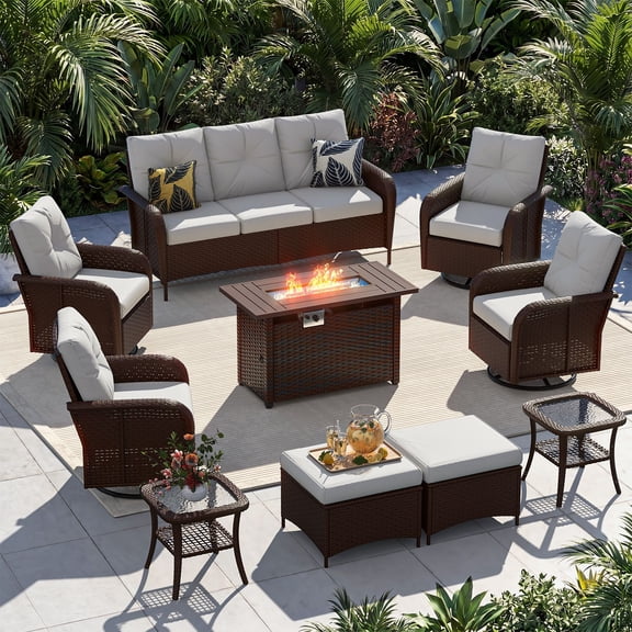 Sunmthink 10-Piece Patio Furniture Set, High Back Swivel Rocker Chairs with Thick Cushions, Wicker Rattan Outdoor Sectional Sofa with Fire Pit & Ottoman, Light Grey