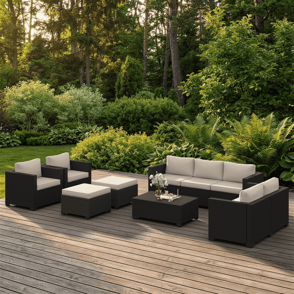Dateyes 10 Piece Patio Furniture Set, Rattan Wicker Patio Conversation Set Outdoor Furniture, Beige