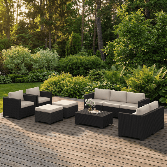 Clouddwell 10 Piece Patio Furniture Set, Rattan Wicker Patio Conversation Set Outdoor Furniture, Beige