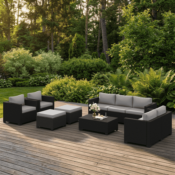 Dateyes 10 Piece Patio Furniture Set, Rattan Wicker Patio Conversation Set Outdoor Furniture, Light Gray