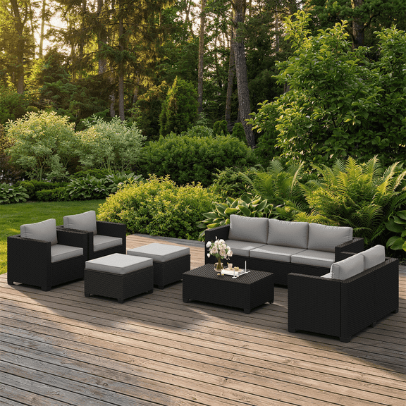 Sunmthink 10 Piece Patio Furniture Set, Rattan Wicker Patio Conversation Set Outdoor Furniture, Light Gray