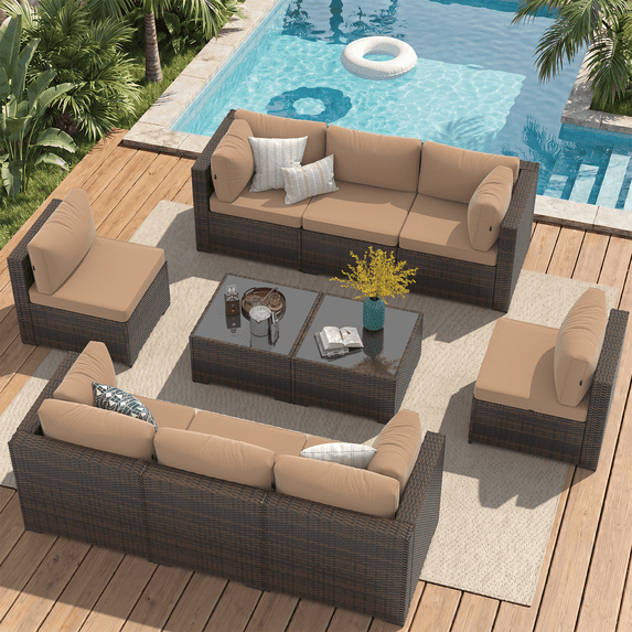 Sunmthink 10-Piece Wicker Patio Furniture Sets, Outdoor Conversation Set with 4 Inches Thick Cushions and Coffee Table