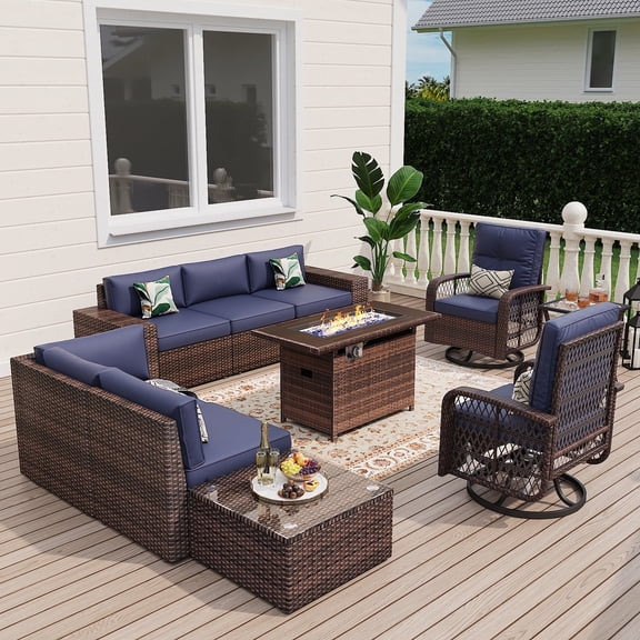 Sunmthink 10 Tempered Glass Patio Conversation Set with Fire Pit, Blue