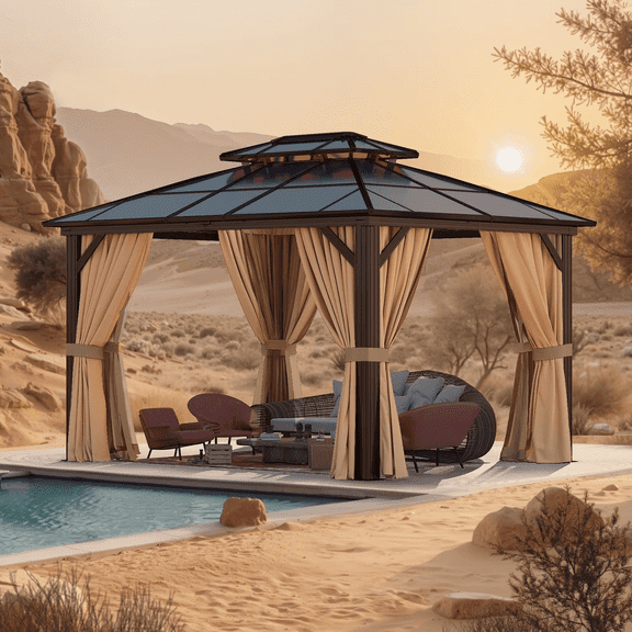 Sunmthink 10' x 12'Hardtop Gazebo,Polycarbonate Double Roof,Aluminum Frame with Curtains and Netting for Patio,Garden,Brown