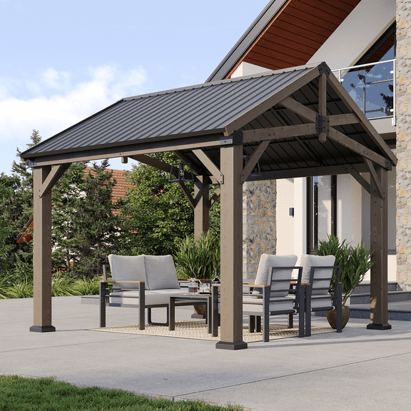 Sunmthink 10' x 12' Outdoor Wood Frame Gazebo, Hardtop Gazebo with Galvanized Steel, Permanent Wooden Pavilion for Patio Backyard Lawn Garden