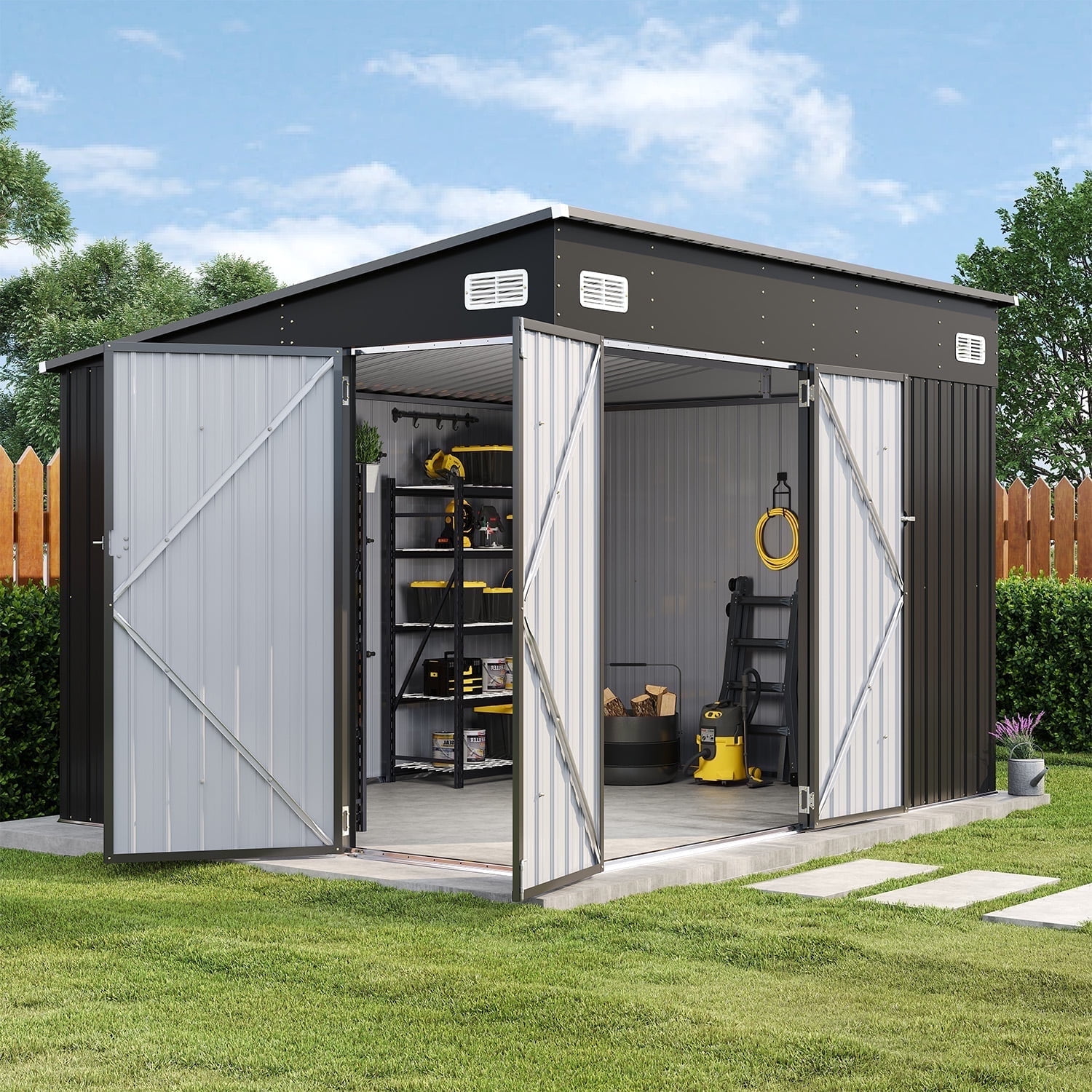 Sunmthink 10' x 8' Metal Storage Shed with Triple Doors, Lockable