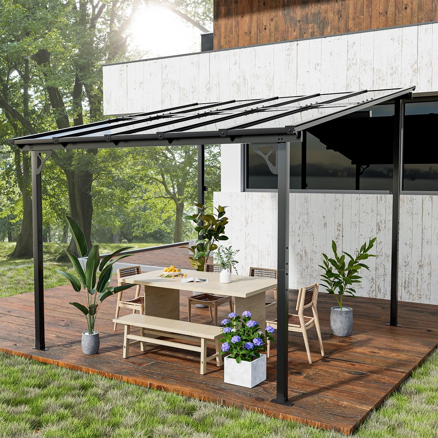 10'x10' Gray Aluminum Hardtop Wall-Mounted Pergola with Sun Panels