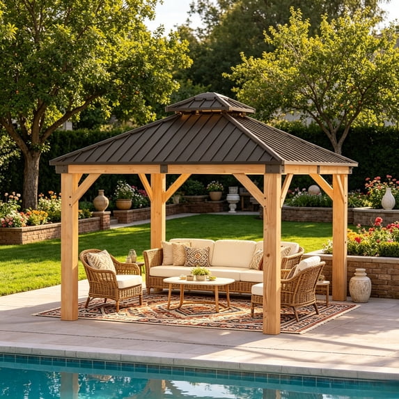 Sunmthink 10'x10' Outdoor Hardtop Gazebo, Cedar Wood Pavilion with Galvanized Steel Double Roof, for Patio, Garden, Deck