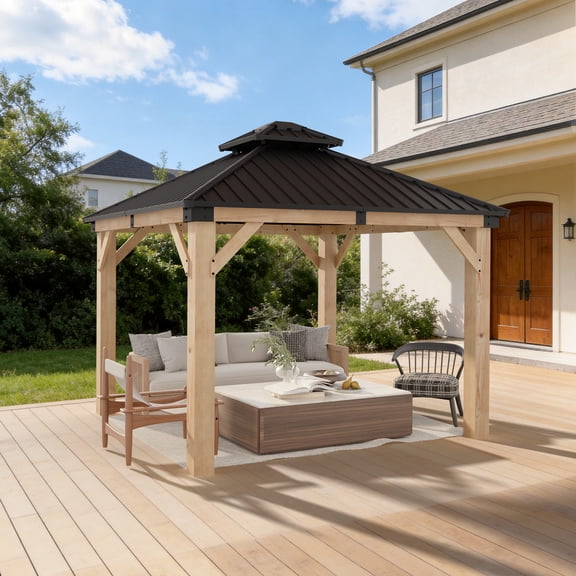 Sunmthink 10'x10' Outdoor Hardtop Gazebo, Cedar Wood Pavilion with Galvanized Steel Double Roof, for Patio, Garden, Deck