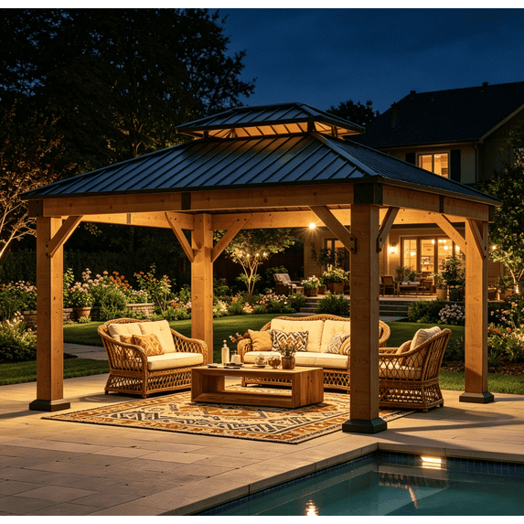 Sunmthink 10'x12' Outdoor Hardtop Gazebo, Cedar Wood Pavilion with Galvanized Steel Double Roof, for Patio, Garden, Deck