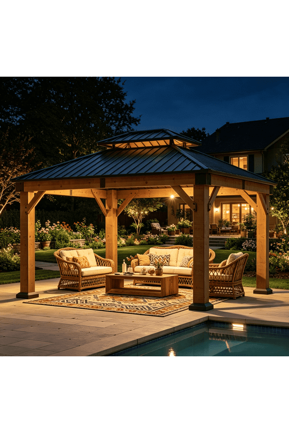 10'x12' Outdoor Hardtop Gazebo, Cedar Wood Pavilion with Galvanized Steel Double Roof, for Patio, Garden, Deck
