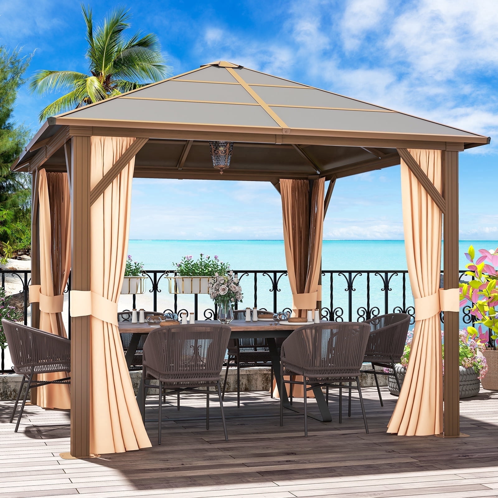 Sunmthink 10x10 ft. Hardtop Gazebo, Aluminum Frame and Polycarbonate Permanent Pavilion for Garden, Patio, Backyards, Brown