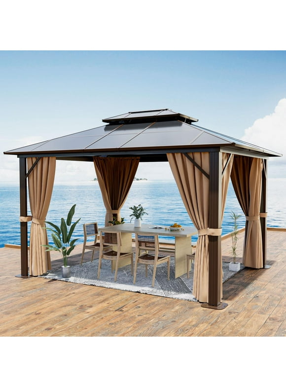 Sunmthink 10x12 ft. Hardtop Gazebo with Double Roof, Aluminum Frame with Mesh Screen, UV Protection