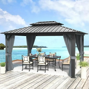 Sunmthink 10x12 ft. Hardtop Gazebo with Mosquite Netting, Double Metal Roof for Lawn and Garden, Brown