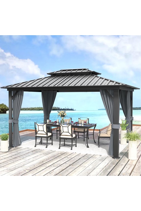 10x12 ft. Hardtop Gazebo with Mosquite Netting, Double Metal Roof for Lawn and Garden, Brown