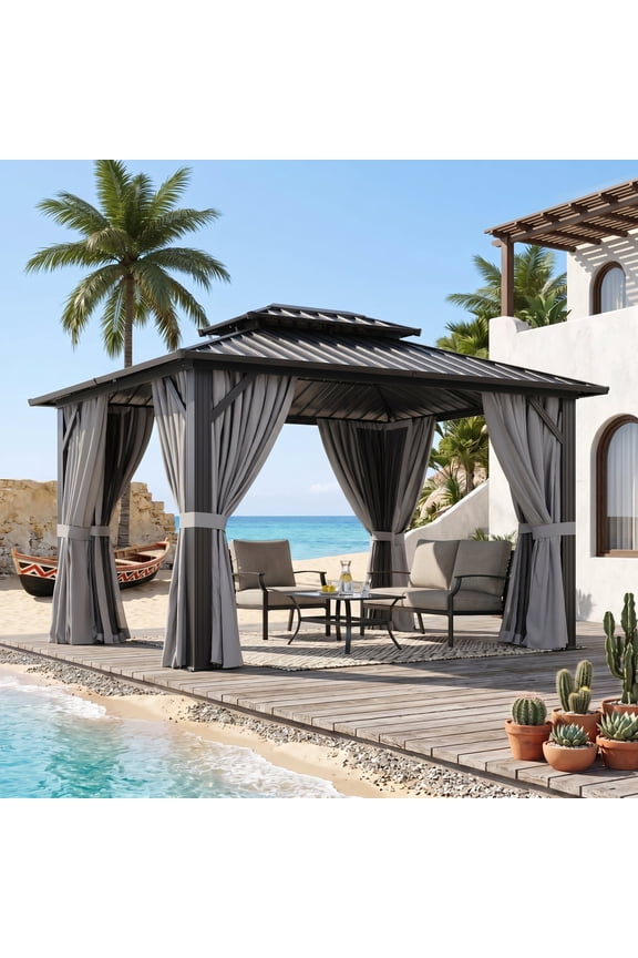 10x12 ft. Hardtop Gazebo with Mosquite Netting, Double Metal Roof for Lawn and Garden, Brown