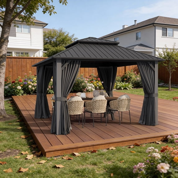 Sunmthink 12' x 12' Hardtop Gazebo with Mosquite Netting, Double Metal Roof for Lawn and Garden, Gray