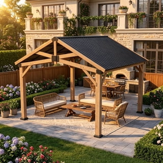 Sunmthink 12' x 14' Cedar Wood Gazebo, Hardtop Gazebo with Galvanized Steel Gable Roof, Permanent Wooden Pavilion for Patio Backyard Lawn Garden