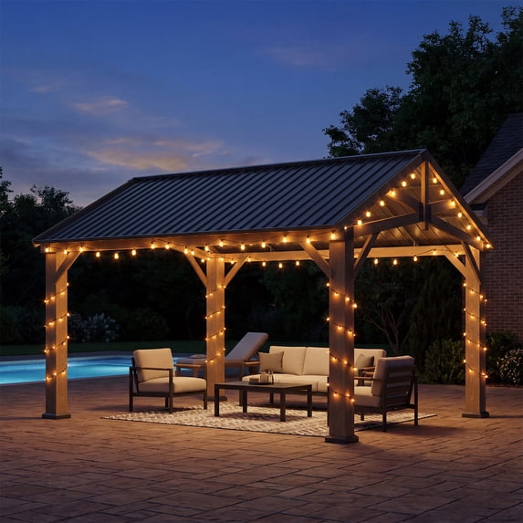 Sunmthink 12' x 14' Wood Frame Gazebo, Hardtop Gazebo with Galvanized Steel, Permanent Wooden Pavilion for Patio Backyard Lawn Garden