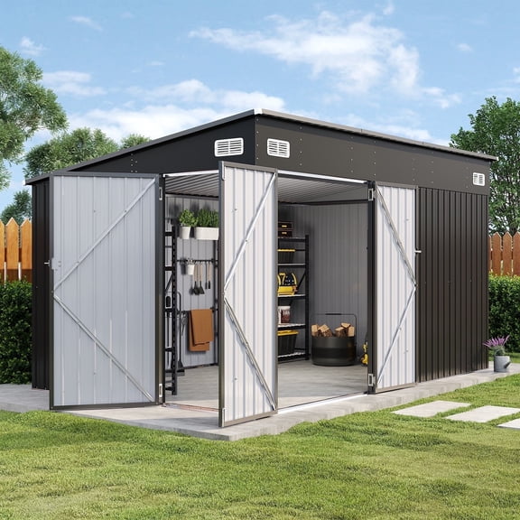 Dateyes 12' x 8' Metal Storage Shed with Triple Doors, Lockable Lean-to Design & Vents, Black
