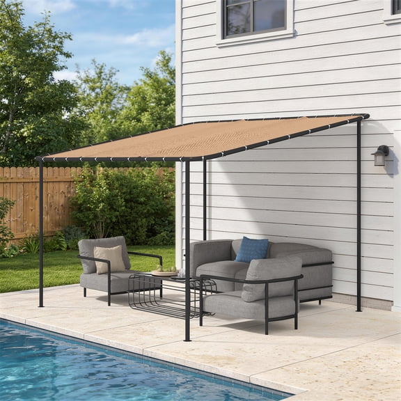 Sunmthink 12'x10' Wall-Mounted Pergola Canopy with Sloped Roof — Water-Resistant, UV-Protected Metal Gazebo for Backyard, Garden, or Porch in Khaki