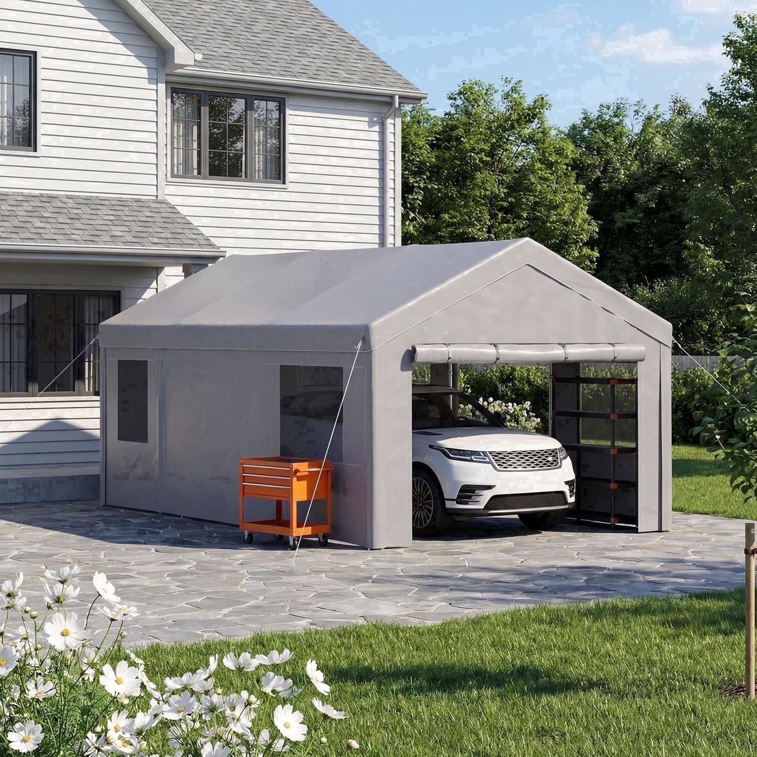 Dateyes  12x20ft Heavy Duty Carport Canopy, Portable Garage Car Canopy with Removable Sidewalls, Car Shelter for Cars, Boats, and Tools Storage, Gray