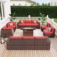 thumbnail image 1 of Sunmthink 13-Piece Outside Rattan Sectional Sofa with Fire Pit Table and 2 Coffee Table, Red, 1 of 9