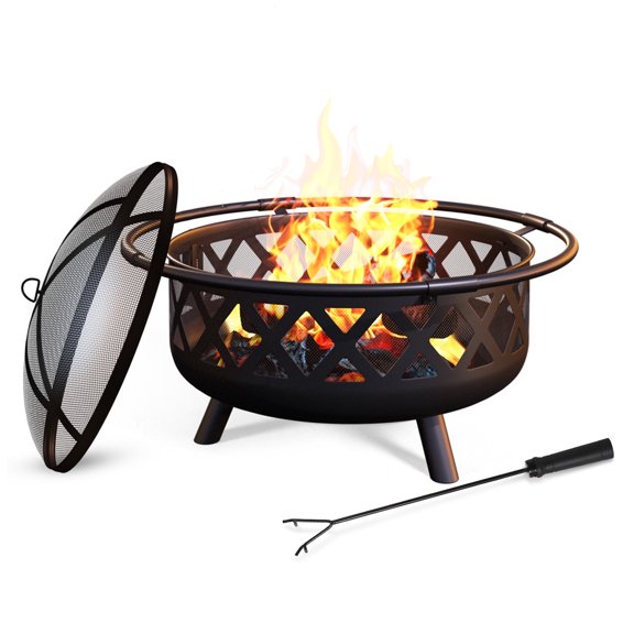 Sunmthink 2 in 1 Fire Pit with Cooking Grate 30'' Wood Burning Firepit Outdoor Fire Pits Steel Firepit Bowl Outside with Swivel BBQ Grill, Spark Screen, Poker for Backyard Garden Bonfire Patio