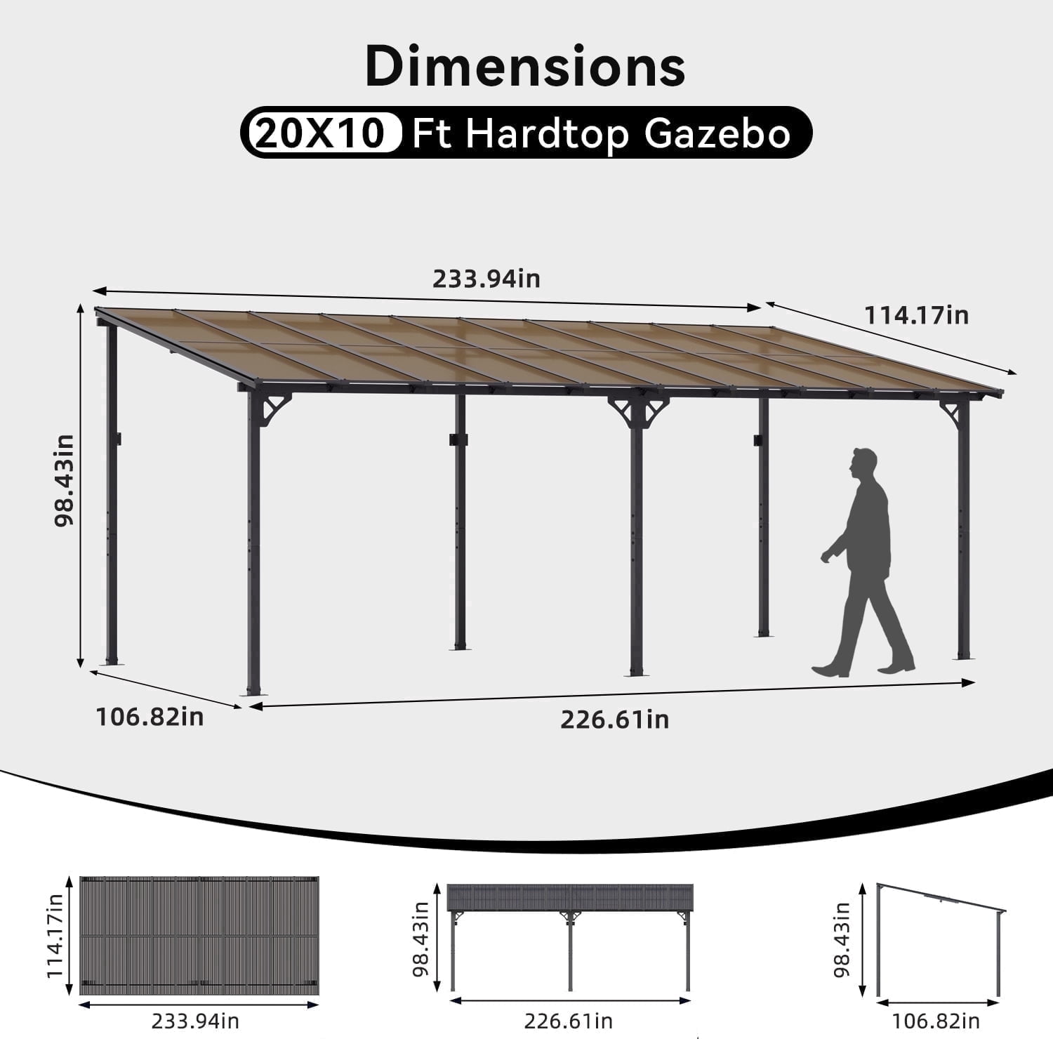 BREEZESTIVAL 20x10 Hard Top Gazebo Pergola- Wall Mounted Lean-to Aluminum Alloy Awning with Canopy Roof, All-Weather Outdoor Cover for Patio, Backyard, Deck